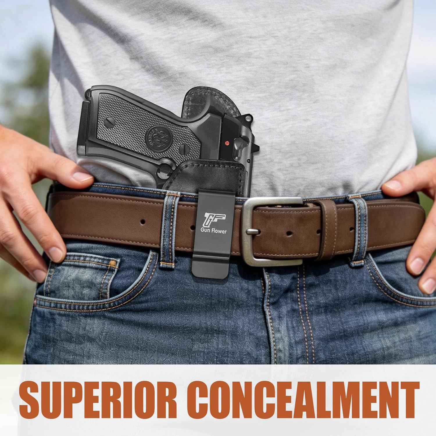 Beretta 92FS IWB Leather Holster - Optic Cut Concealed Carry, Adjustable Retention, Fits 1.5"-1.75" Belt, Premium Leather Inside Waistband, Black Right Hand - GUN & FLOWER