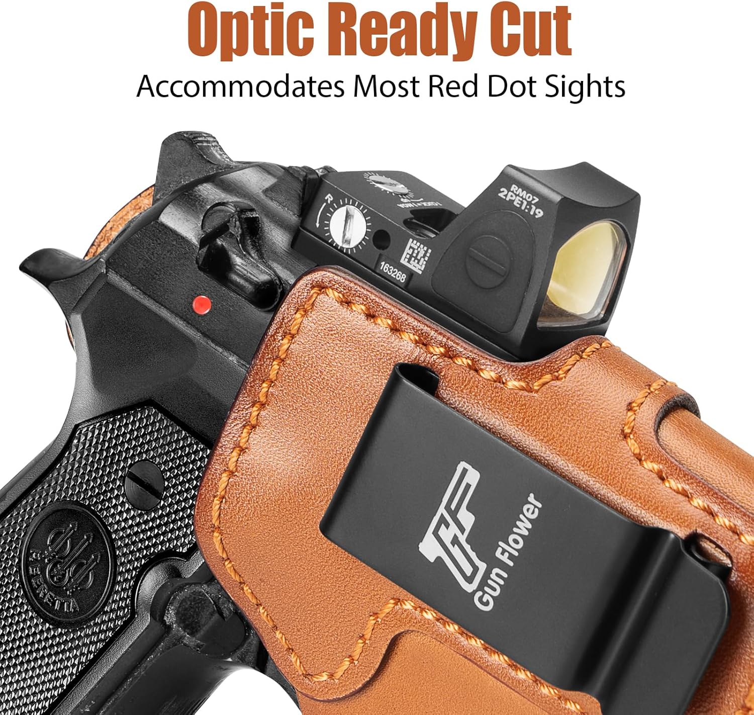 Beretta 92FS / 96 / M9 (No Rail) IWB Leather Holster - Optic Cut, Adjustable Retention, Concealed Carry Inside Waistband, Fits 1.5"-1.75" Belt, Brown Right Hand - GUN & FLOWER