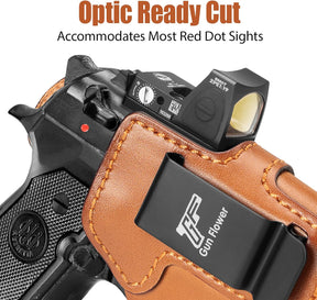 Beretta 92FS / 96 / M9 (No Rail) IWB Leather Holster - Optic Cut, Adjustable Retention, Concealed Carry Inside Waistband, Fits 1.5"-1.75" Belt, Brown Right Hand - GUN & FLOWER