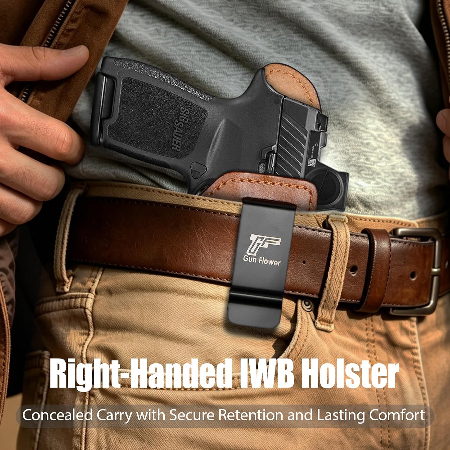 Sig P320 Compact / M18 IWB Brown Leather Holster w/Olight Baldr S / Baldr Mini / RL Mini - Light-Bearing Optic Cut, Also Fits P320 XCarry & XCompact, 1.5"-1.75" Belts, Right Hand