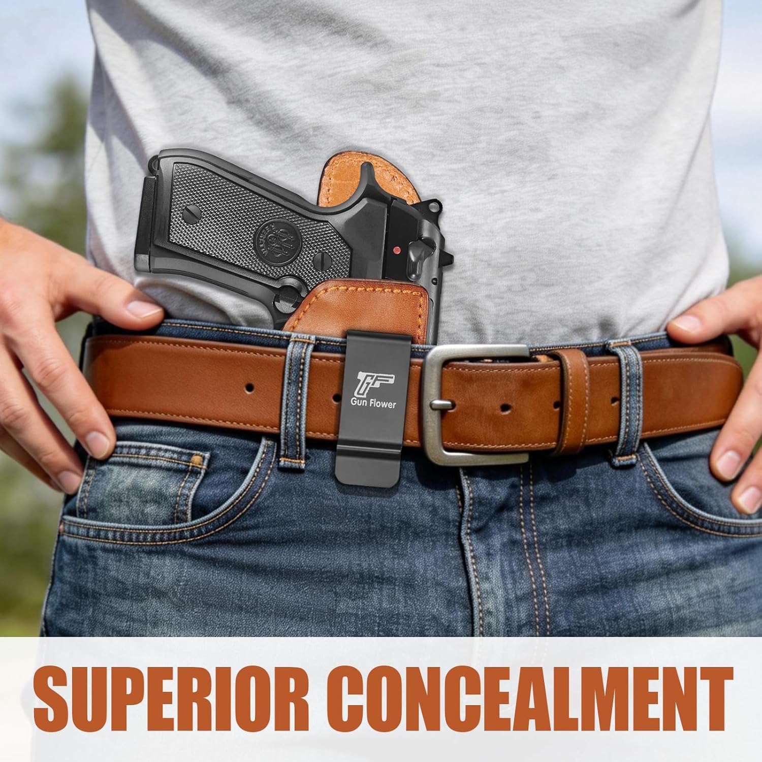 Beretta 92FS / 96 / M9 (No Rail) IWB Leather Holster - Optic Cut, Adjustable Retention, Concealed Carry Inside Waistband, Fits 1.5"-1.75" Belt, Brown Right Hand - GUN & FLOWER