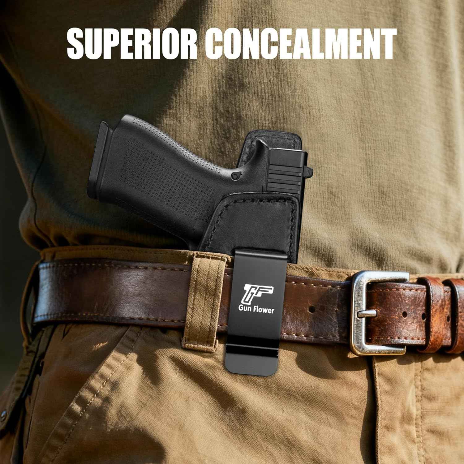 Glock 43/43X/43X MOS IWB Leather Holster - Optic Cut Concealed Carry, Appendix Inside Waistband, Fits 1.5"-1.75" Belt, Brown/Black Right Hand - GUN & FLOWER