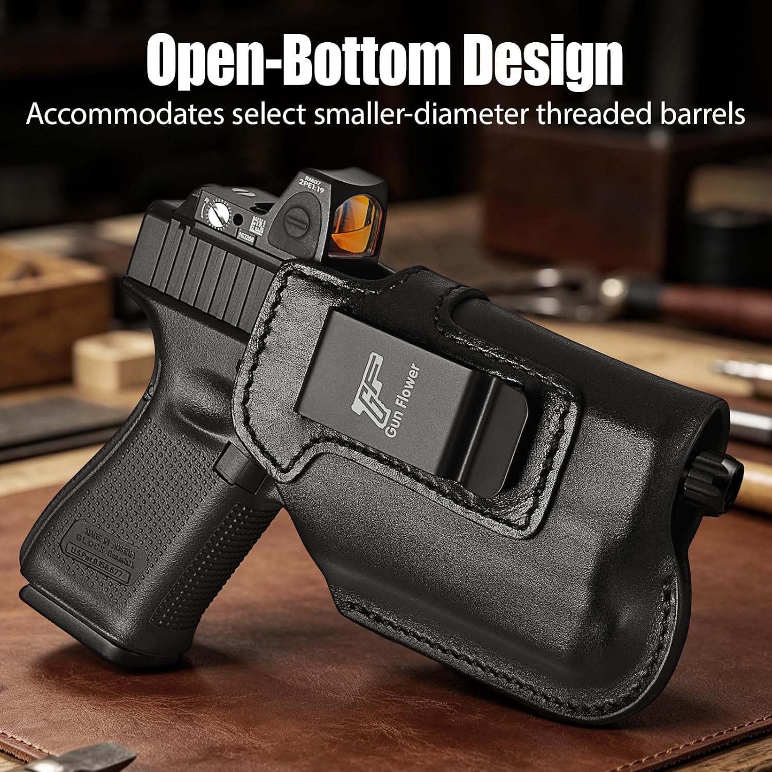 Glock 19/19X/23/32/44/45 IWB Black Leather Holster w/Olight Baldr S / Baldr Mini / RL Mini - Light-Bearing Optic Cut, Fits MOS Version, 1.5"-1.75" Belts, Right Hand