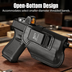 Glock 19/19X/23/32/44/45 IWB Black Leather Holster w/Olight Baldr S / Baldr Mini / RL Mini - Light-Bearing Optic Cut, Fits MOS Version, 1.5"-1.75" Belts, Right Hand