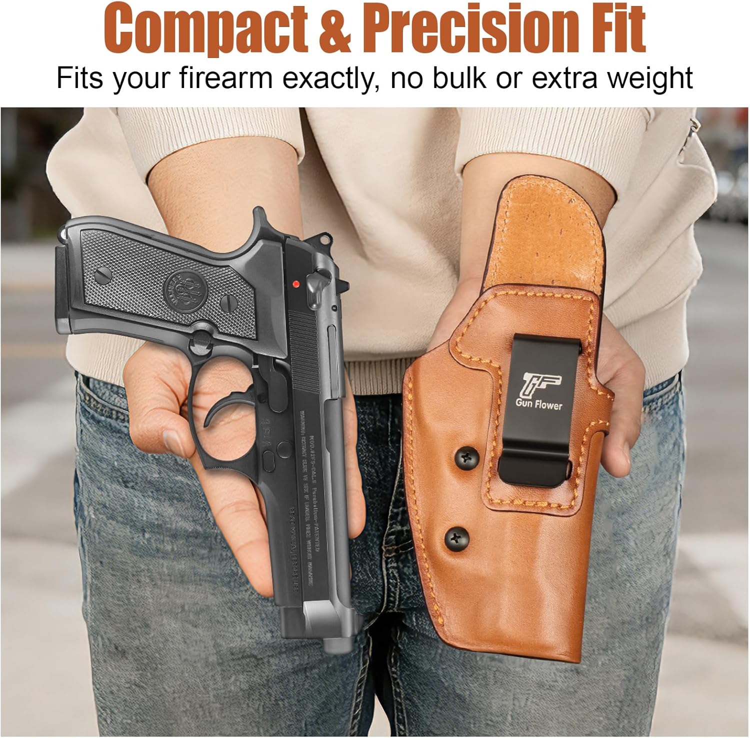 Beretta 92FS / 96 / M9 (No Rail) IWB Leather Holster - Optic Cut, Adjustable Retention, Concealed Carry Inside Waistband, Fits 1.5"-1.75" Belt, Brown Right Hand - GUN & FLOWER