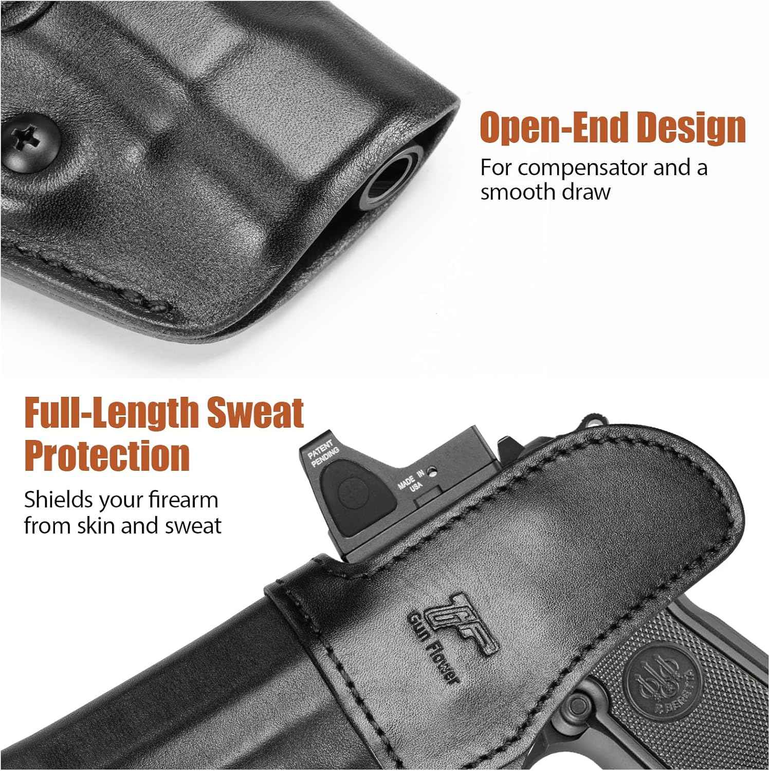 Beretta 92FS IWB Leather Holster - Optic Cut Concealed Carry, Adjustable Retention, Fits 1.5"-1.75" Belt, Premium Leather Inside Waistband, Black Right Hand - GUN & FLOWER