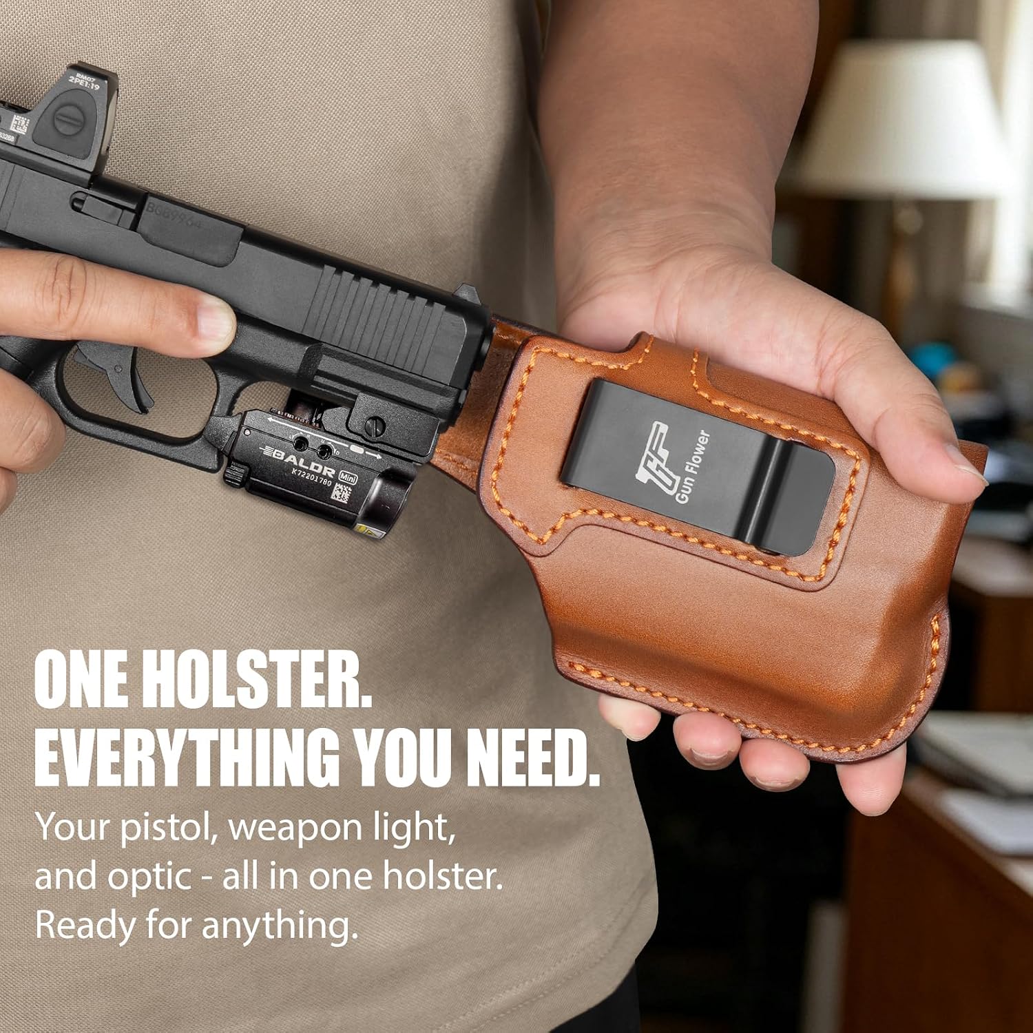 Glock 19/19X/23/32/44/45 IWB Leather Holster w/Olight Baldr S / Baldr Mini / RL Mini - Light-Bearing Optic Cut, Fits MOS Version, 1.5"-1.75" Belts, Right Hand