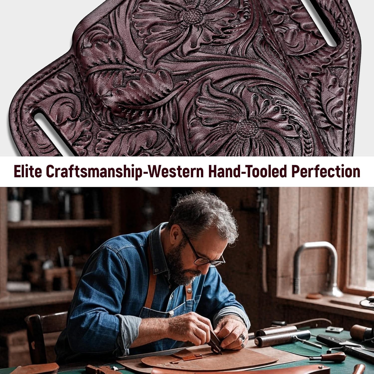 Premium Leather HK USP Holster - Compatible with Heckler & Koch (H&K) USP 9 mm /.40 Full Size, OWB Western Hand-Carved Holster for Women & Men - Fits 1.5" Belts, Right Hand GUN & FLOWER