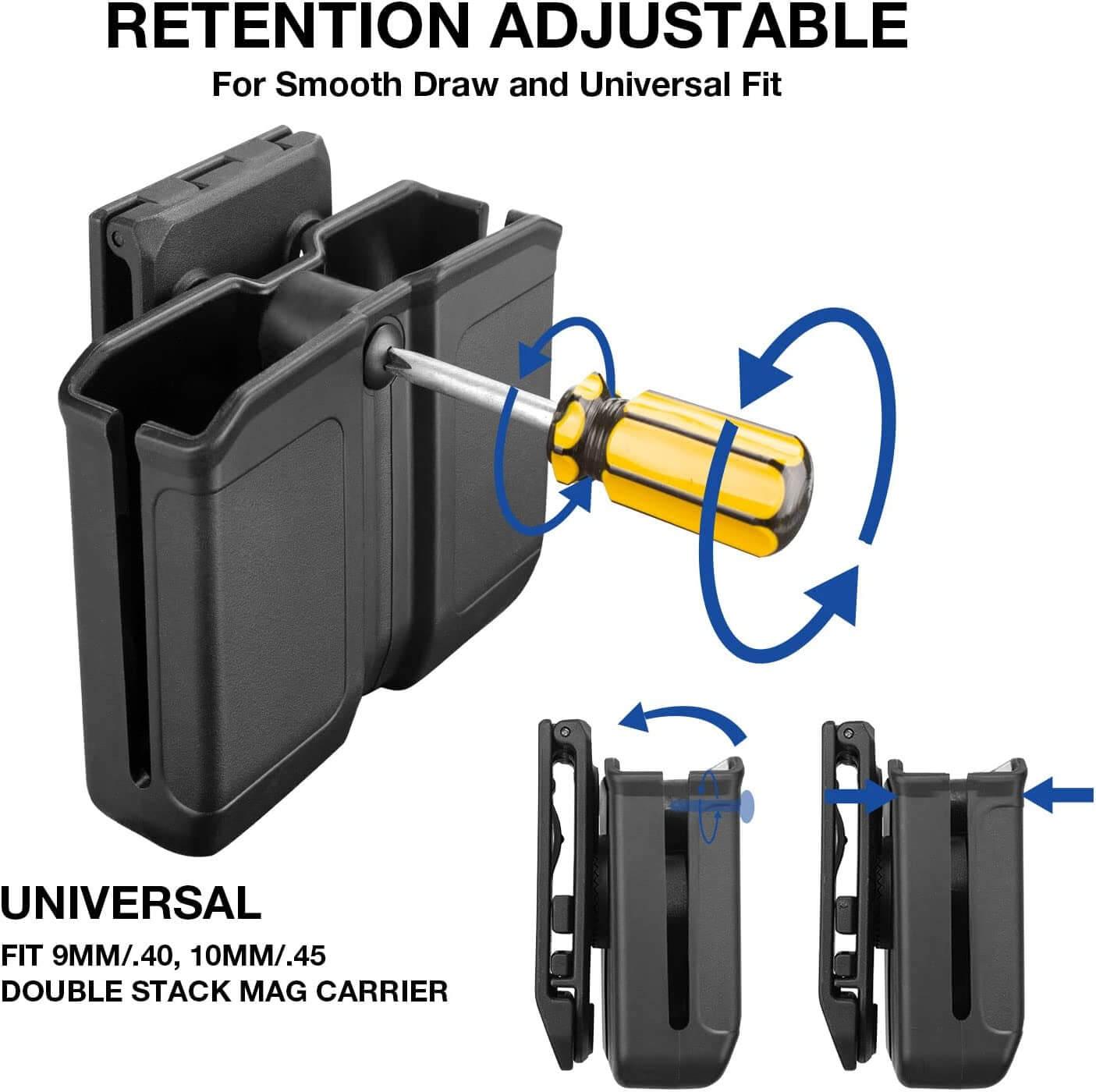 Universal OWB Double Magazine Holder,Fits Double Stack 9mm .40 /10mm .45 Magazine, Fit 1.5 1.75 2.0 2.25'' Belt,MOLLE Optional