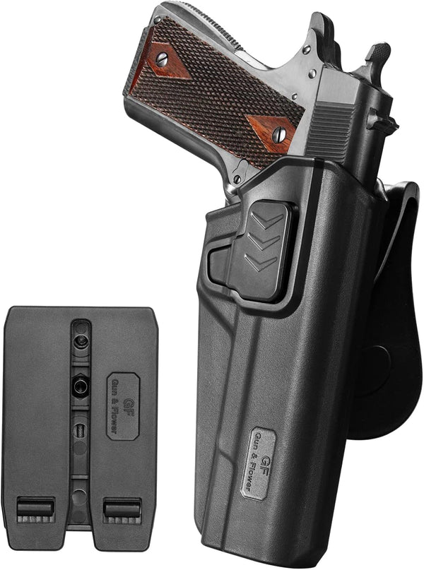 1911 Polymer OWB Paddle Holster, Index Finger Release, fit Colt/Elite Force/Kimber/ Springfield/RIA/S&W/Ruger/Taurus 1911, Right Hand| Gun & Flower