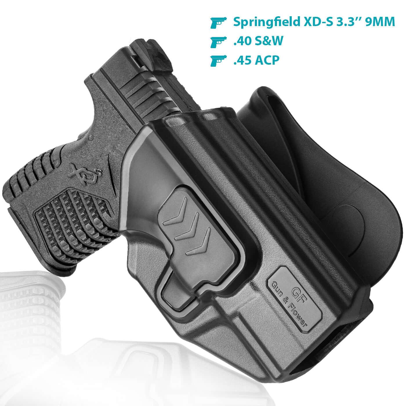 Springfield Armory XD-S 3.3" Barrel Polymer Level II Index Finger Release OWB Open Carry Paddle Holster Fully Trigger Guard Open Muzzle | Gun & Flower