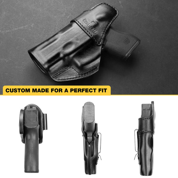 Glock 43 43X Black Soft Genuine Leather Handmade Holster IWB Appendix Crossdraw hip Trigger Guard Open Muzzle | Gun & Flower