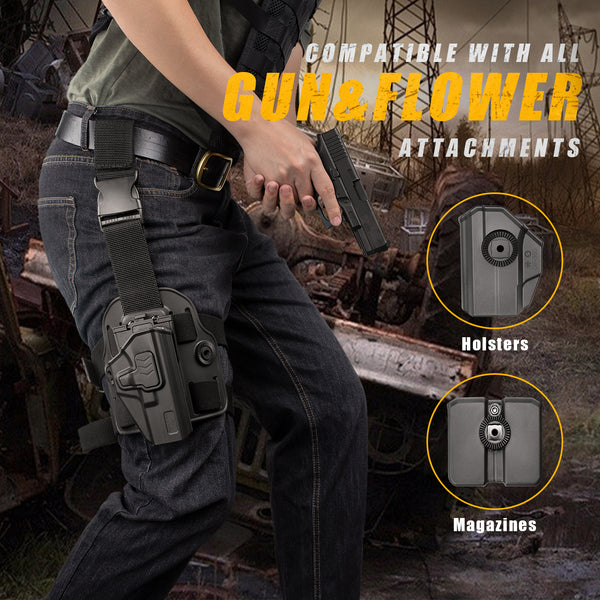Drop Leg Holster with Level II Retention Index Finger Release OWB Drop Offset Thigh Holster for Glock 17 19 22 23 31 32 , Right Hand | Gun & Flower
