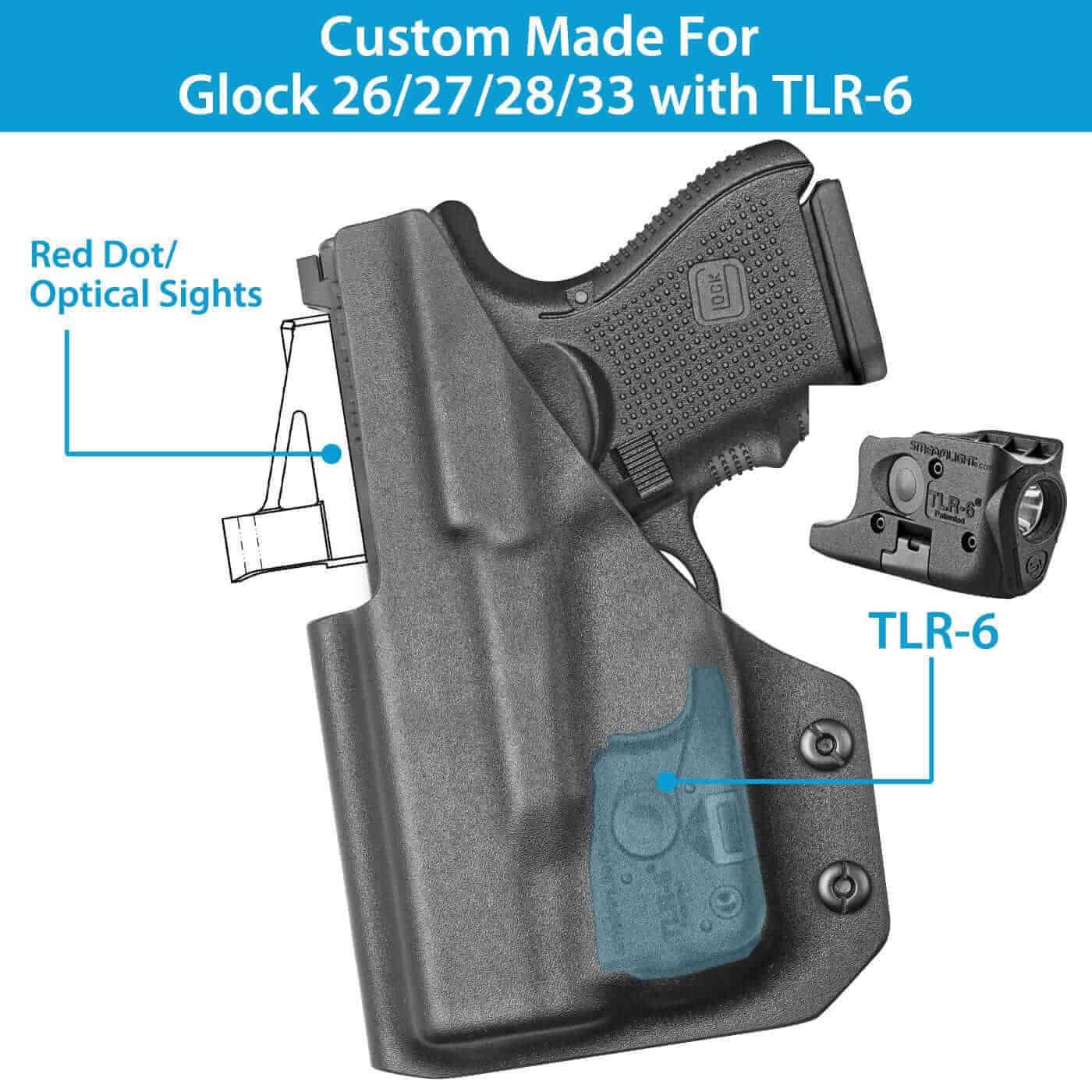 Gun & Flower Kydex Holster with Gun Light Right Glock 26/27/28/33 Kydex IWB Holster with Weapon Light fits TLR-6 and Red Dot