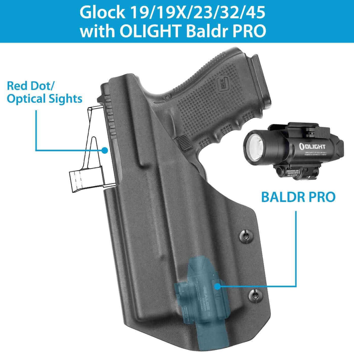 Gun & Flower Kydex IWB Holster with Gun Light Right Glock 19/19X/23/32/45 Kydex IWB Holster With Olight Baldr PRO Weapon Light & Red Dot