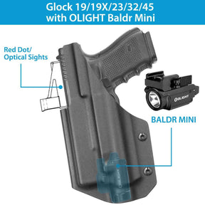 Gun & Flower Kydex IWB Holster with Gun Light Right Glock 19/19X/23/32/45 Kydex IWB Holster With Olight Baldr PRO Weapon Light & Red Dot