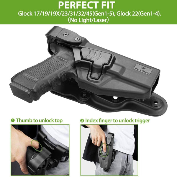 Gun & Flower Level III Polymer Duty Holster Right Glock 17/19/19x/ 23/31/32/45(Gen 1-5) G22 (Gen 1-4) Level III Retention Polymer Duty Holster