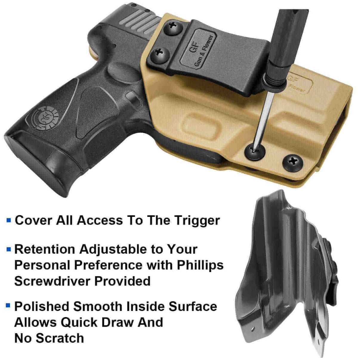 Gun & Flower Polymer IWB Holster Right Taurus G2C/G3C/ Taurus Millennium G2 PT111/PT140 Polymer IWB Holster in Tan