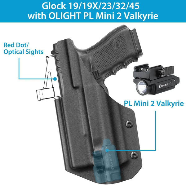 polymerholster Holster Compatible with Glock 19 19X 23 32 45 w/Olight PL Mini 2 Valkyrie -Optic Cut- IWB Holster for G19 G19X G23 G32 G45 with PL Mini 2 Valkyrie, Adj. Cant&Retention Fit 1.5 1.75'' Wide Belt
