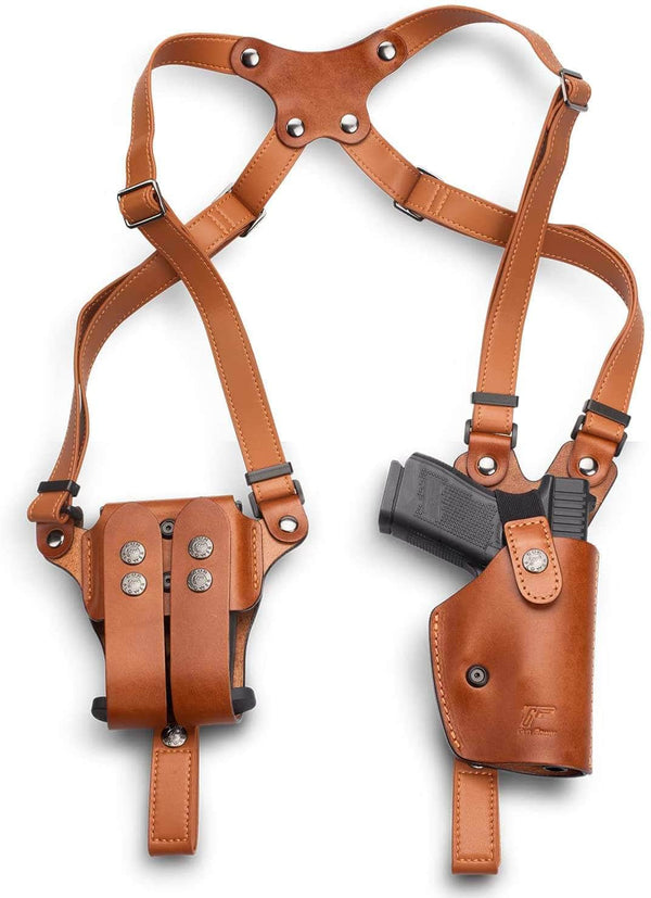 polymerholster GUN&FLOWER Handmade Leather Shoulder Holster Universal Vertical Concealed Holster with Double Magazine Holder Fit Taurus G2C/G3C,G1719/19X/21/22/23/26/27/G43, M&P9 ,Sig P220, P226, P227 and More Right Hand